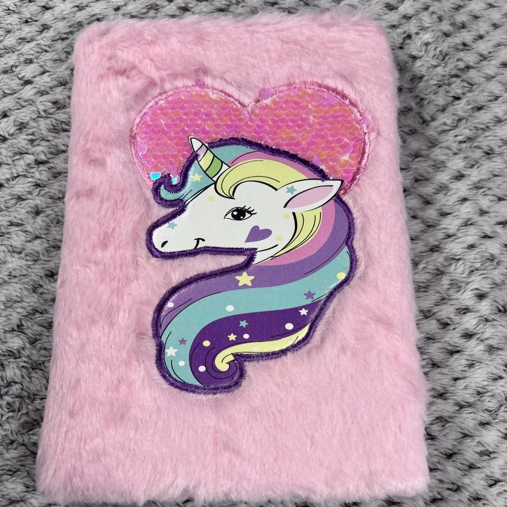 Pink Faux Fur Notebook Journal Unicorn‎ Sequin Heart Cover Kids Girls Diary NEW